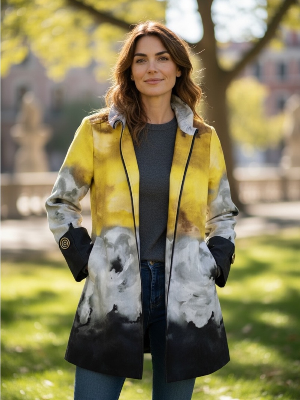 IC Collection 
Connie Yellow & Gray Watercolor Open-Front Trench Coat